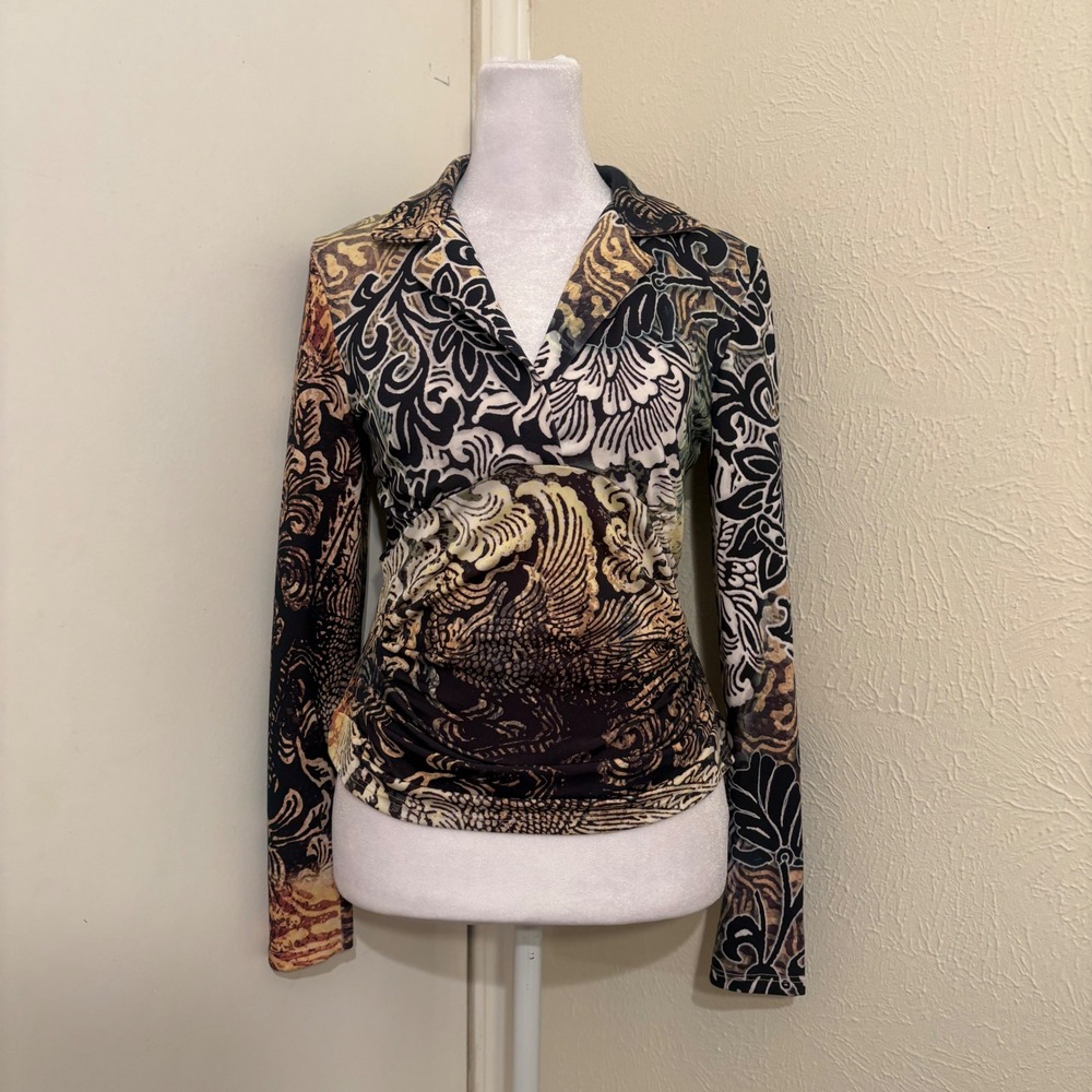 Vtg Y2K Boho Chic Long Sleeve Ruched Paisley Ombre Goth V-Neck Top Brown Fairy S